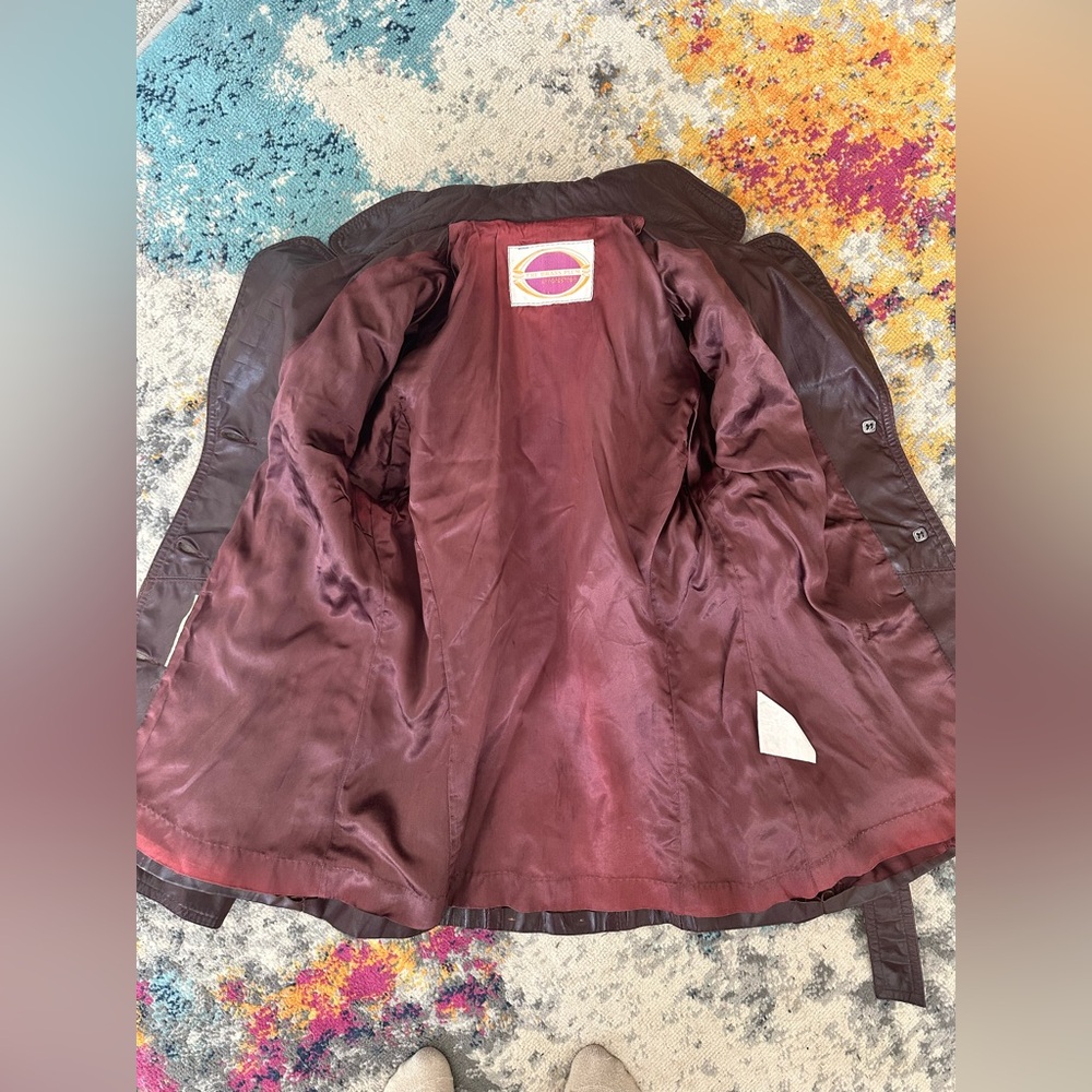 Vintage Nordstrom The Brass Plum Burgundy Leather Jacket Attached Belt Size S - Picture 7 of 8